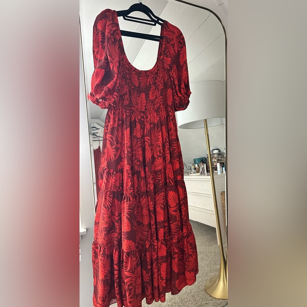 La Ligne Pyper Red Silk Floral Print Off Shoulder Smocked Maxi Dress